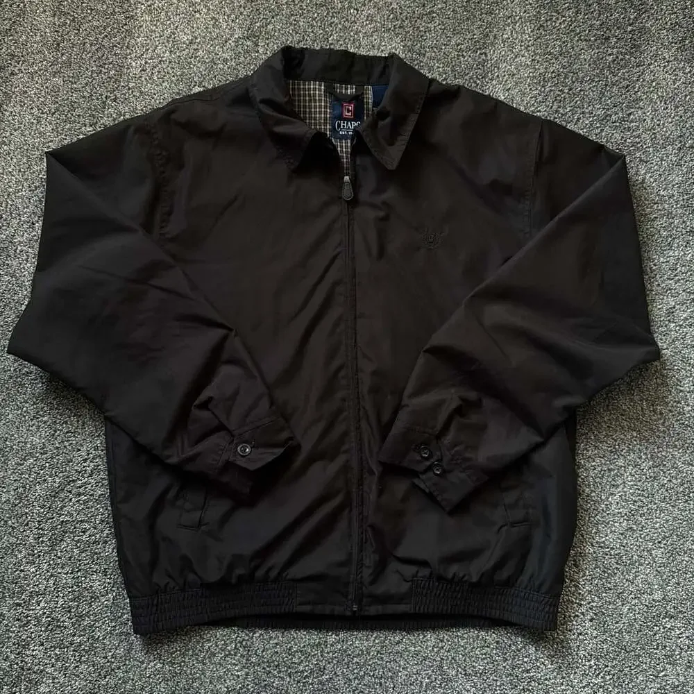 Chaps Harrington Jacket Men’s Medium Black Full Zip Plaid Lined Lightweight Coat